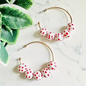 2/$30🌵 Red Heart White Bead Large Gold Hoop Earrings Novelty Love Cute Gift NEW